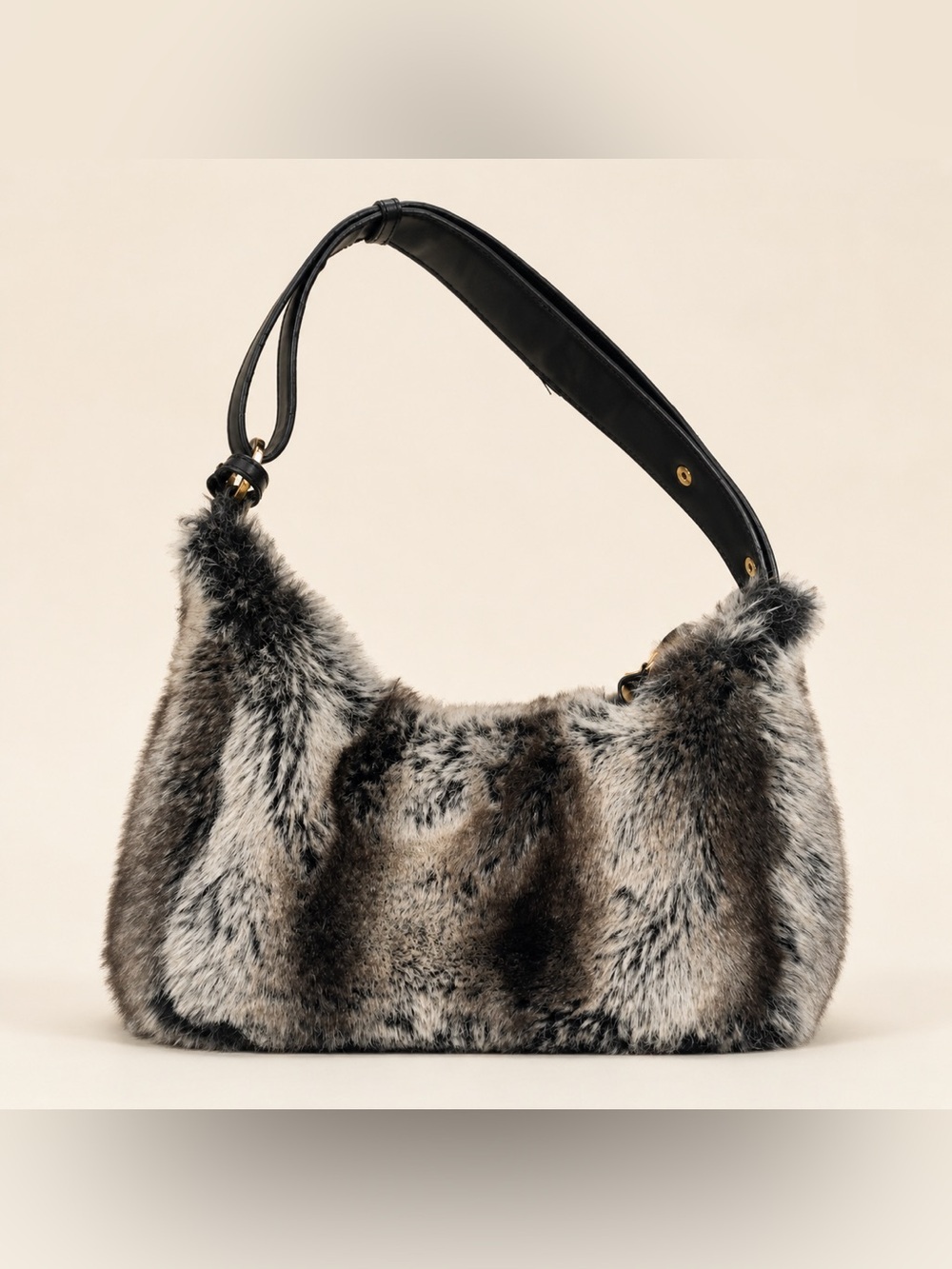 Bueno Faux Fur Hobo Shoulder Bag Y2K Gray Black Purse